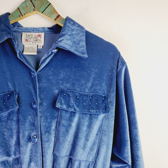 Vintage Lacy After Noon by Shell Kepler Blue Crushed Velvet One Piece Jumper, S - Picture 3 of 9